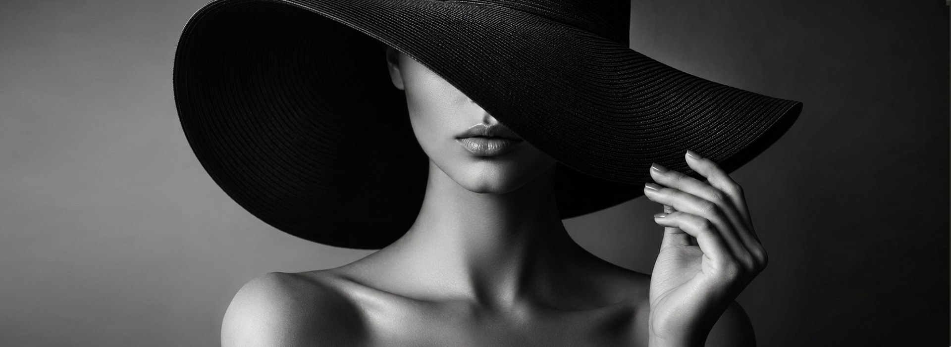 Elegante Dame mit breitkrempigem schwarzen Hut